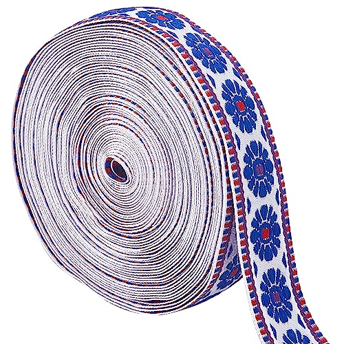 GORGECRAFT 10.9 Yards Jacquard Embroidery Ribbon 1 Inch Wide Blue Flower Trim Ethnic lace Boho Fringe Fabric Appliques for Clothes Fabric Belt Hat Bag Gift Package Straps Embellishment Decoration