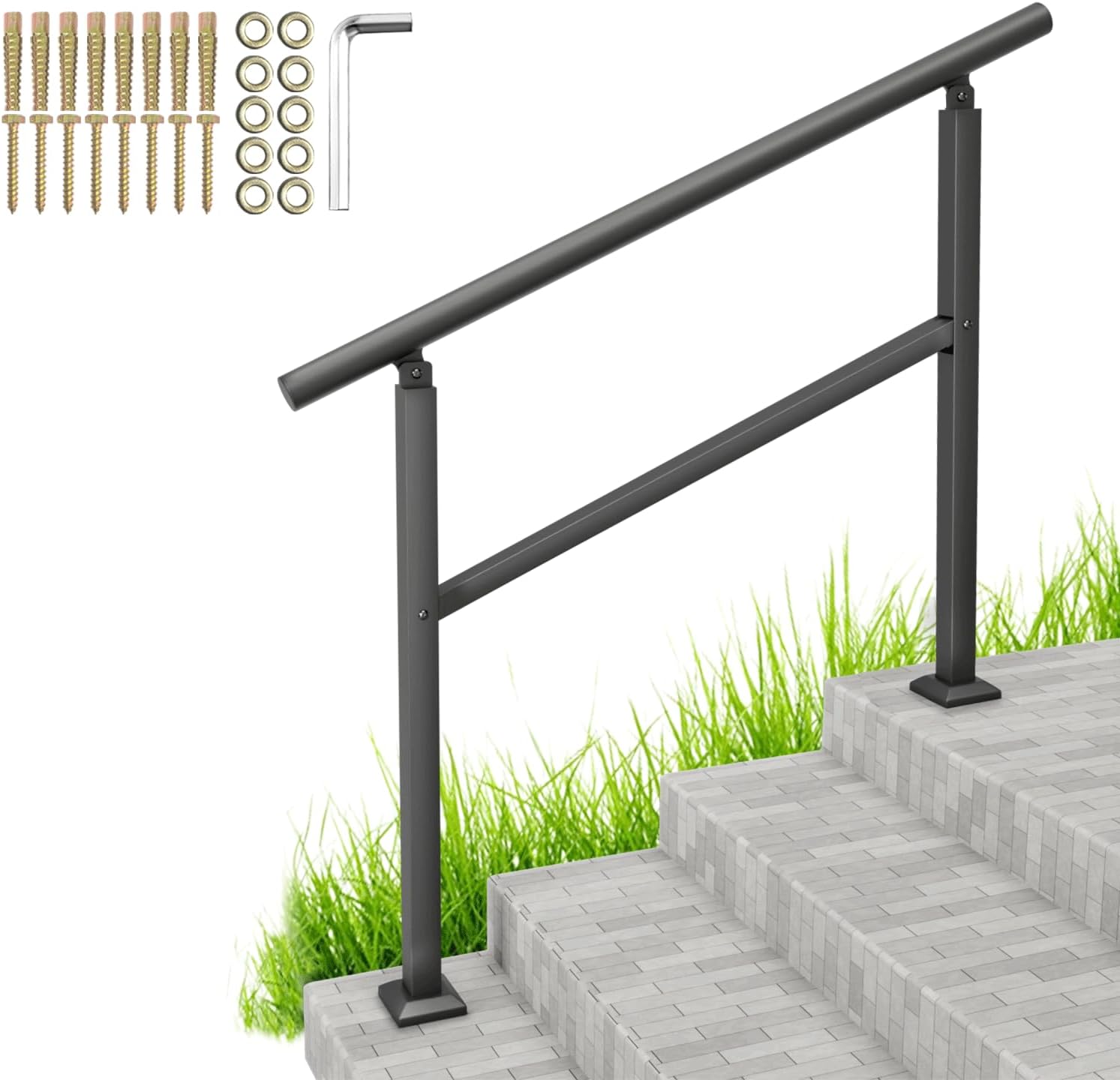 SPACEEUP Handrails for Outdoor Steps, 4 Step Handrail Fits 0 to 4 Steps Aluminum and Iron Handrail Stair Rail, Stair Railing with Installation Kit, Matte Black Hand Rails for Outdoor Steps 4Steps Circular Tube