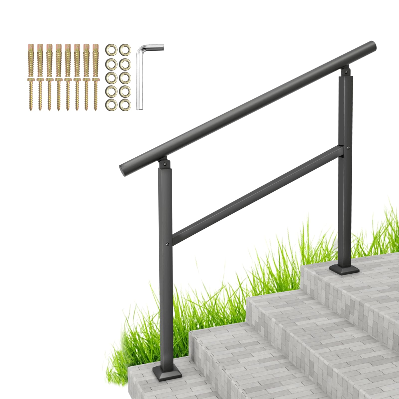 SPACEEUP Handrails for Outdoor Steps, 4 Step Handrail Fits 0 to 4 Steps Aluminum and Iron Handrail Stair Rail, Stair Railing with Installation Kit, Matte Black Hand Rails for Outdoor Steps