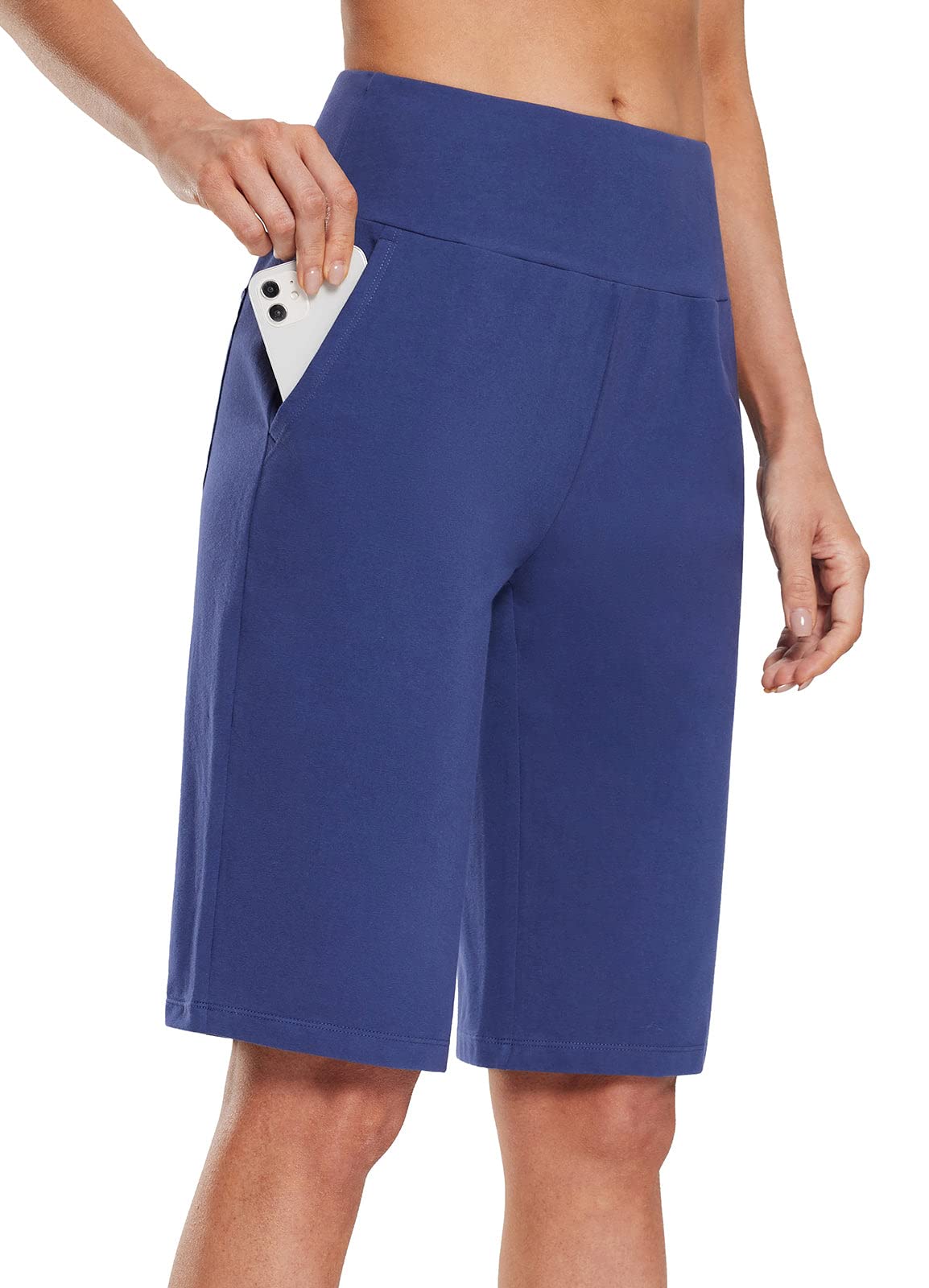 baleaf Bermuda Long de 30,5 cm pour Femme - Taille Haute - Longueur Genou - en Coton - avec Poches - Décontracté - pour Le Travail et Le Salon