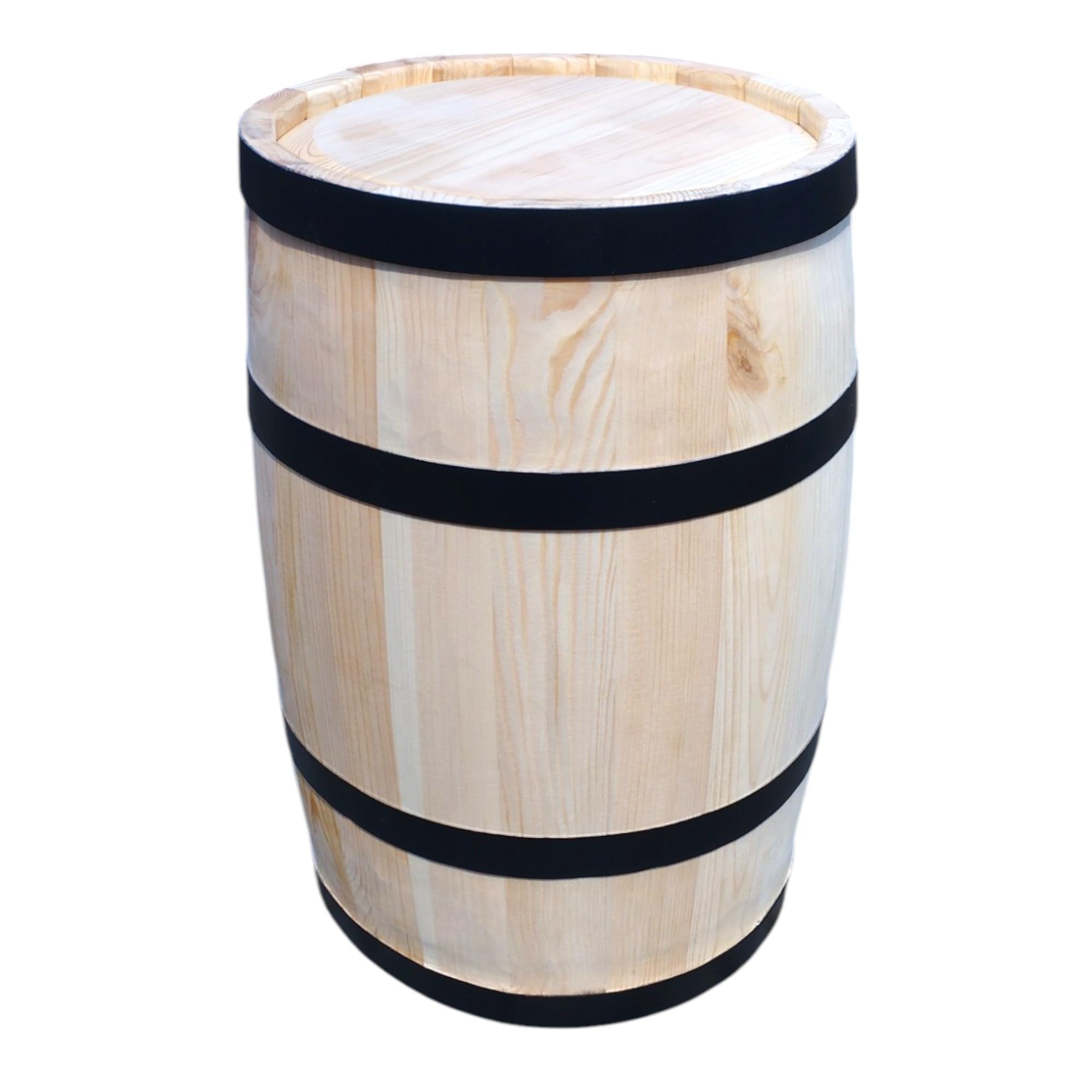 Wooden Barrel without Lid with Metal Hoops - Rustic Rain Barrel or Natural Wood Planter - Handmade & Weatherproof 60 Litres
