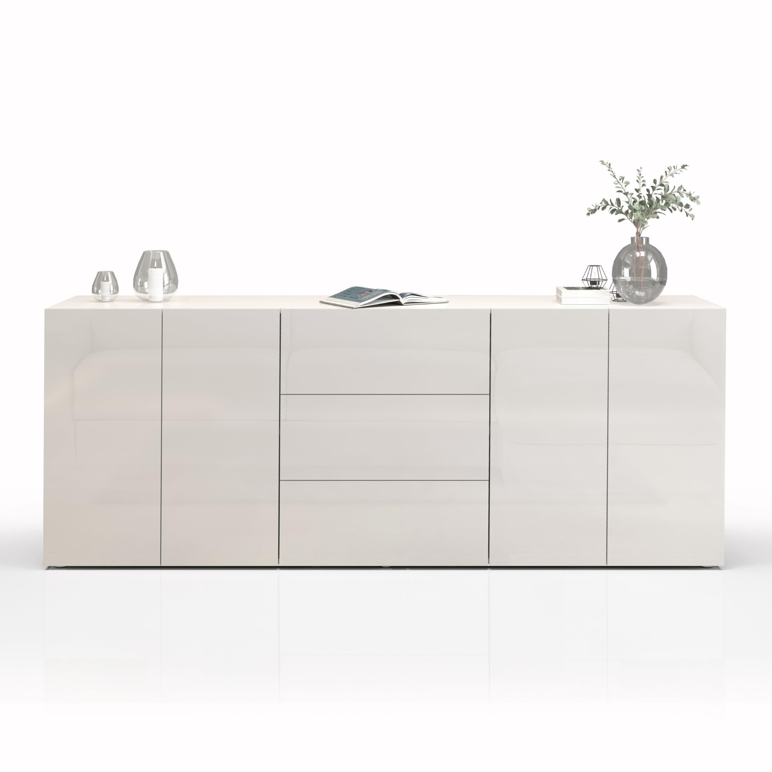 WHOUS Buffet Egypt pour Salon ou séjour, 200 x 40 x 80 cm, Bahut Moderne à 4 Portes et 3 tiroirs, Blanc Brillant
