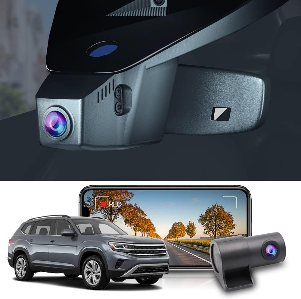 Fitcamx Front 4K+Rear 1080P Dash Cam Adapts for Volkswagen Atlas 2018-2026 (Model B/Broad Rear Cover) & Cross Sport 2020-2026, OEM Look, Dual HD Video, Loop Recording, WiFi & APP, Parking Mode, 128GB