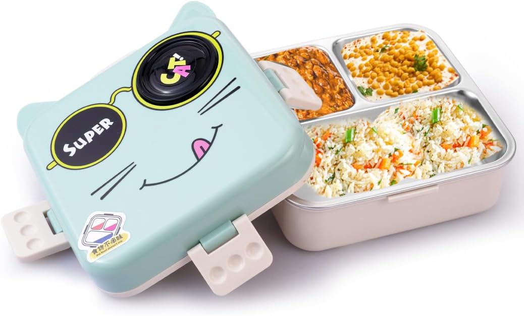 ATTRO Carnival Super Cat Lunch Box 2 Layer Stainless Steel Lunch Box Comes with 1 Detachable Tray, 1 Small Container & 1 Spoon Ideal for Kids BPA Free 1120ml+70ml- Blue