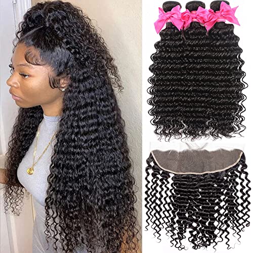 Utrue Hair Deep Wave Human Hair 3 Bundles with Frontal (16 18 20+14") 100% Unprocessed Brazilian Curly Wave Hair Double Weft Bundles With 13x4 Ear to Ear Lace Front Closure Free Part 1B Black Color