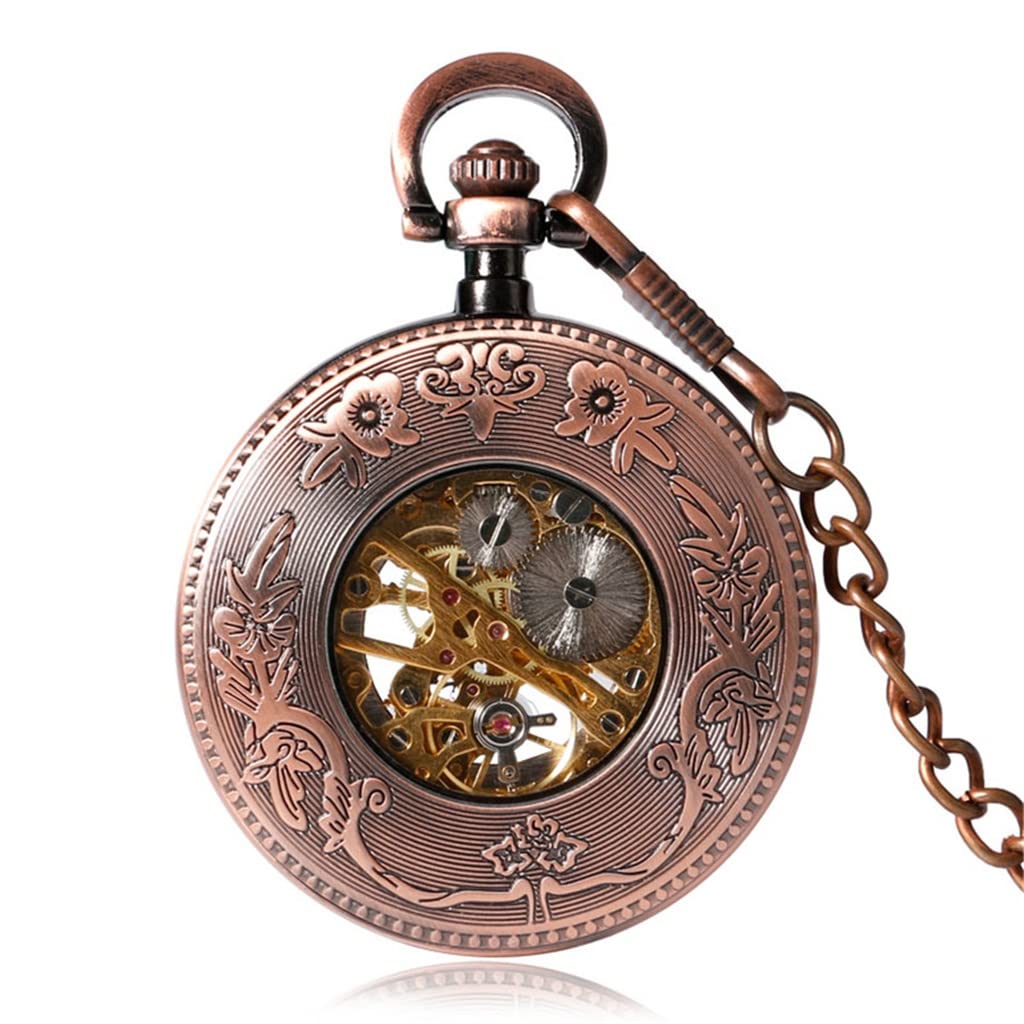 Steampunk Antyczny miedziany grawerowany mechaniczny zegarek kieszonkowy dla mężczyzn i kobiet z zegarkiem łańcuszkowym (kolor: A, rozmiar: 5,0 cm) (A 5,0 cm)