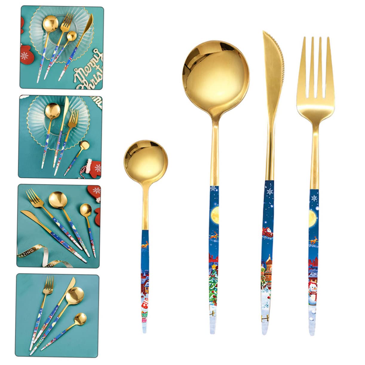 Alipis 4 Juegos De Cuchara Navideña De Acero Inoxidable Kit De Cubiertos De Estilo Europeo Vajilla Cubiertos De Fiesta Kit De Chapado En Oro Para Carne