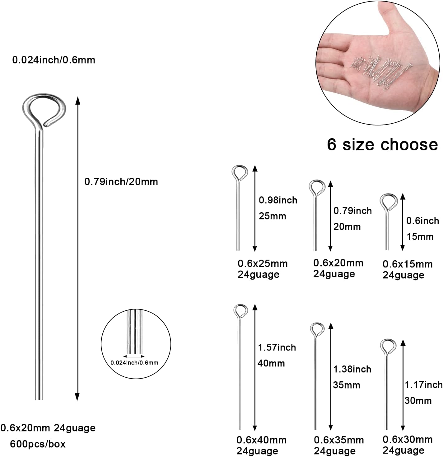 304 Stainless-Steel Eye Pins for Jewelry Making Silver Head Pins 24 Gauge 0.6x20mm 600pcs/Box Open Eye Pins for DIY Making Earring Necklace Bracelets Dangle Charm Jewelry Findings Eyepins