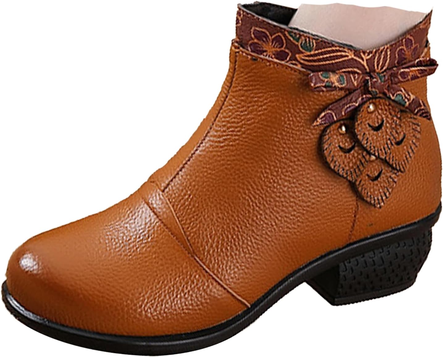 Women's Leather Dress Ankle Boots,Vintage Bow Comfort Chunky Block Waterproof Non-slip Side Zip Casual Short Booties