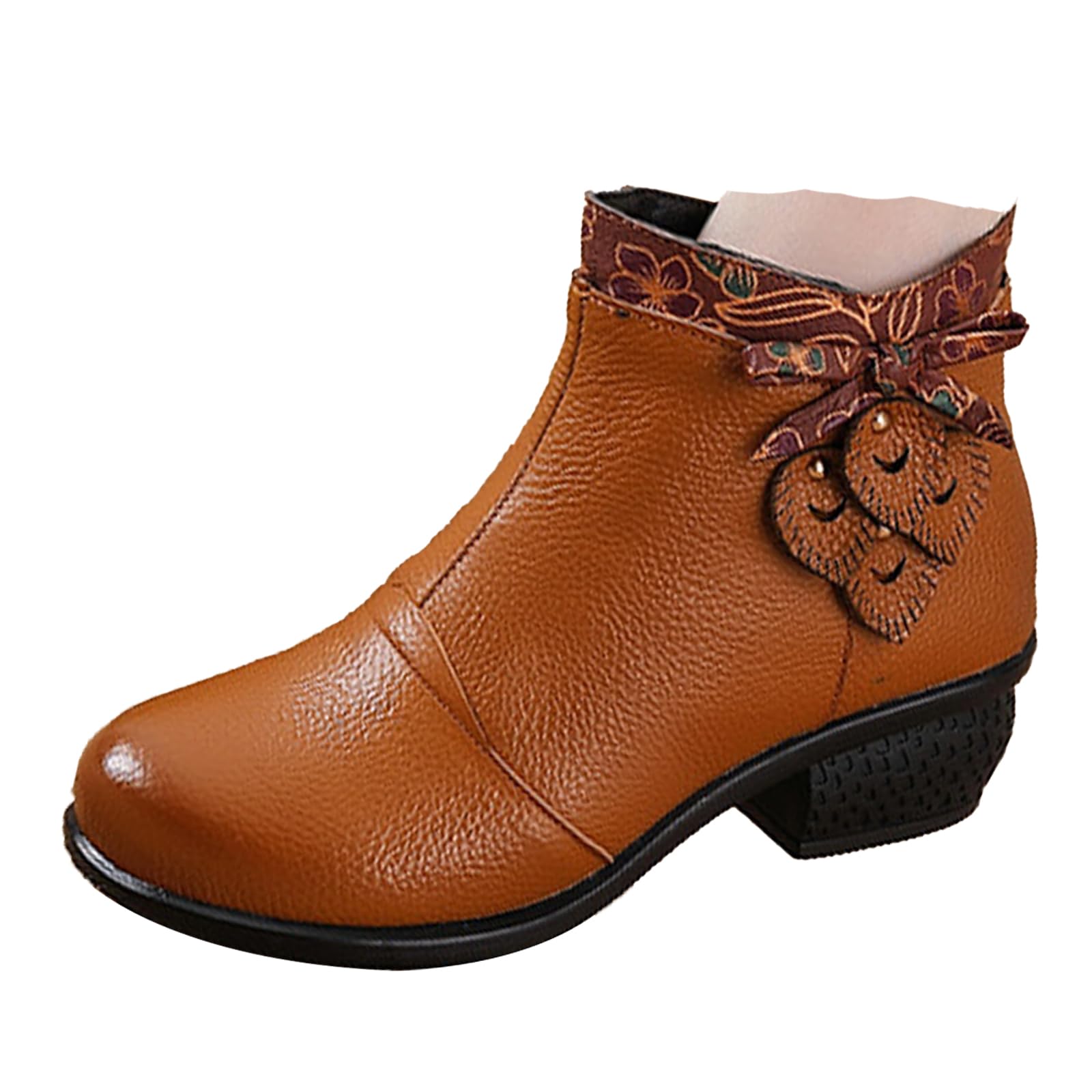 Womens Leather Dress Ankle Boots Vintage Bow Comfort Chunky Block Waterproof Non-slip Side Zip Casual Short Booties