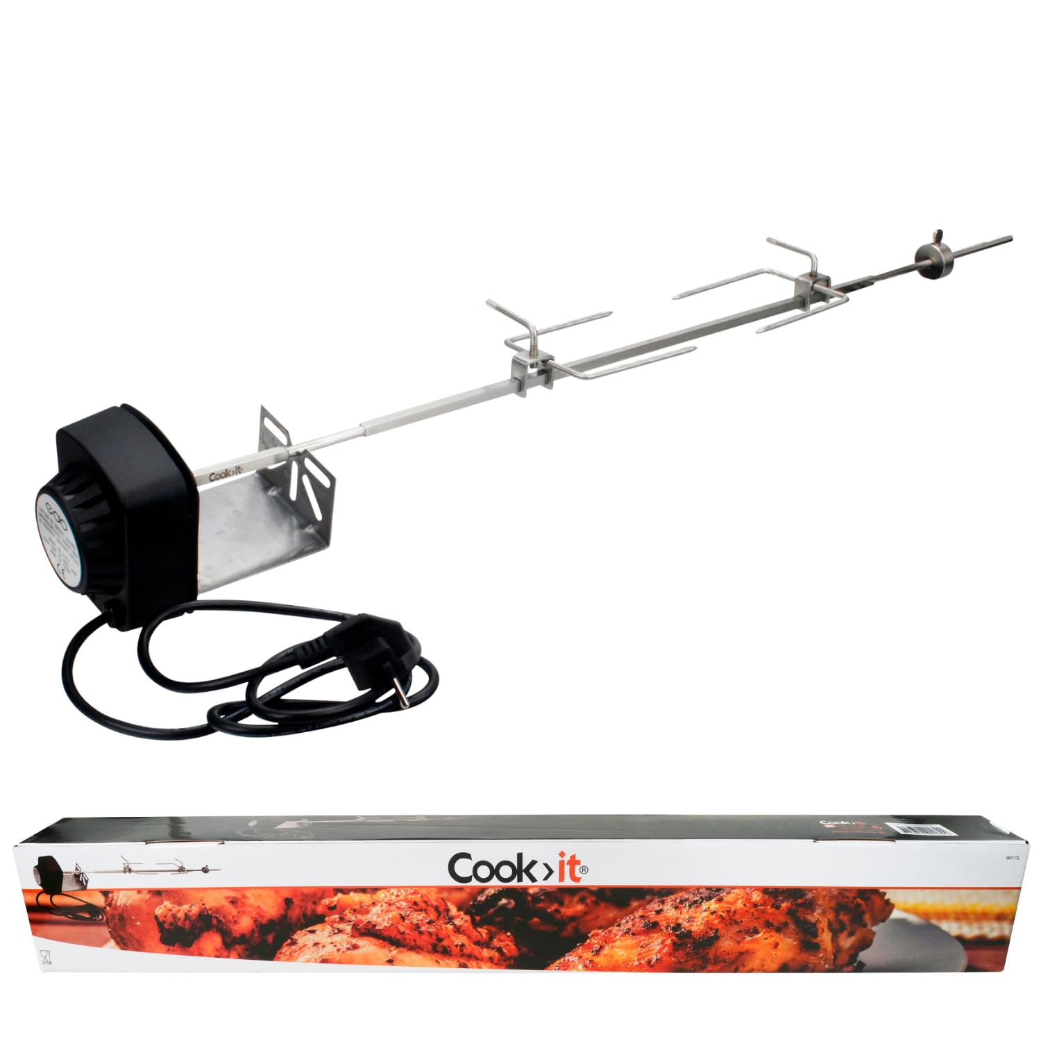 cozze Cook>it® - Asador Universal para Barbacoa de Gas de 3/4 quemadores - Espiga de Acero Inoxidable de 820 mm de Longitud, Incluye Motor de 230 V asados crujientes de Pollo, Pato y Cerdo