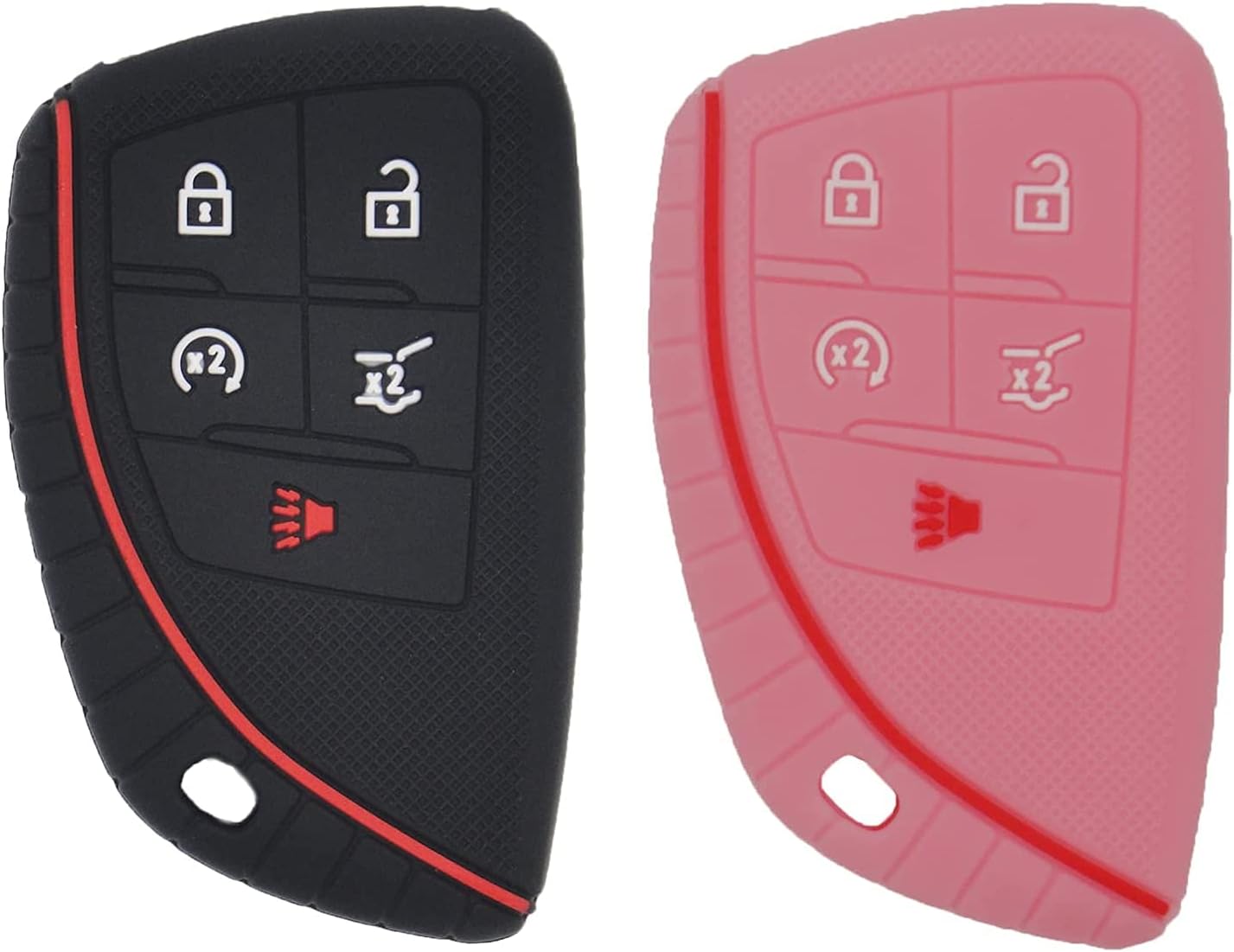 EXUNTECH 2 pcs 5 Buttons Silicone Smart Remote Control Keychain Protective Cover Compatible with Chevrolet Corvette 2021 Suburban Tahoe 2020 Chevy Corvette Soft Rubber Cover, Black Pink