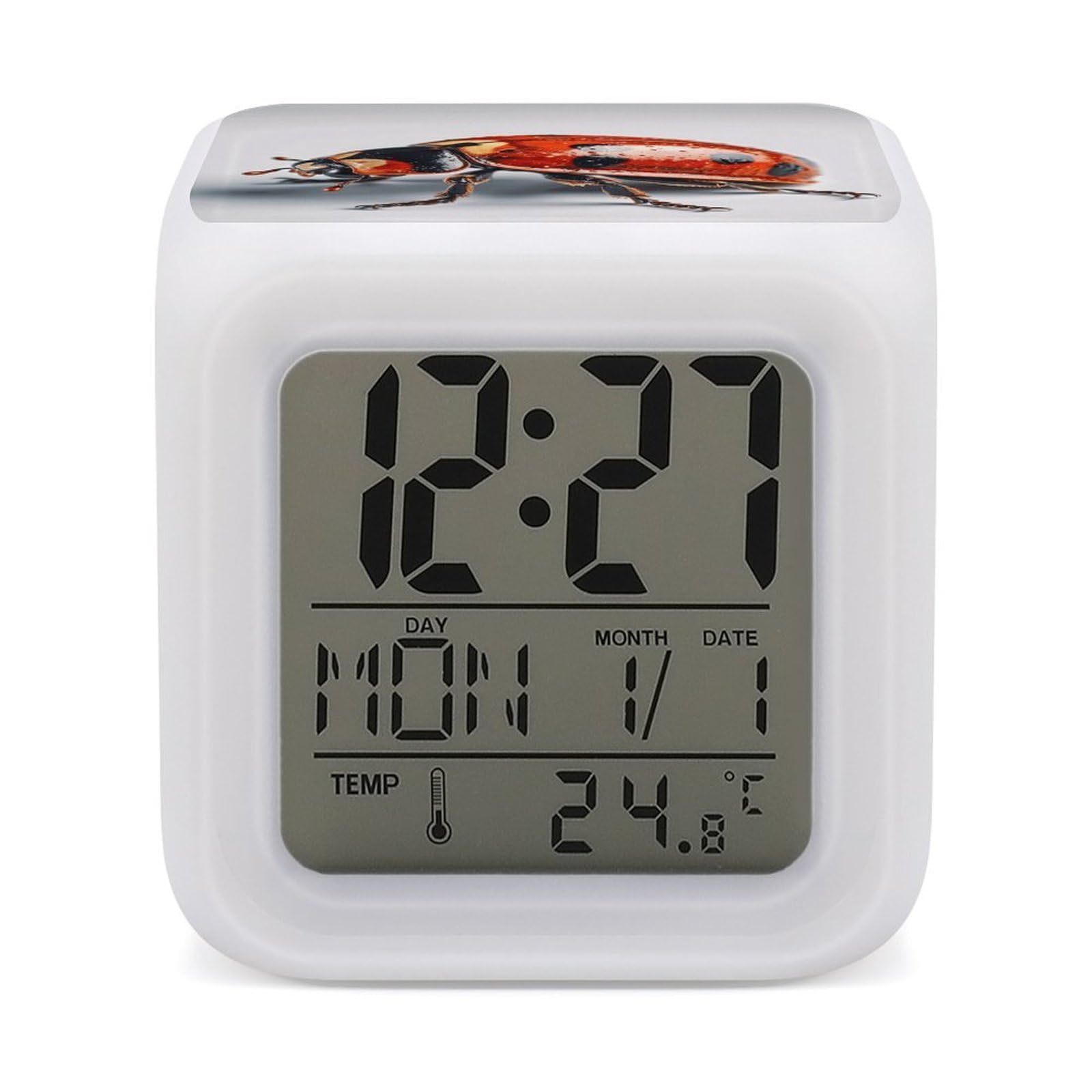 FekiLoot Ladybug on White Background Alarm Clock for Heavy Sleepers Wake Up Digital Clock with 7 Color Changing Night Light Super Loud Digital Alarm Clocks Small Machine Alarm Clocks
