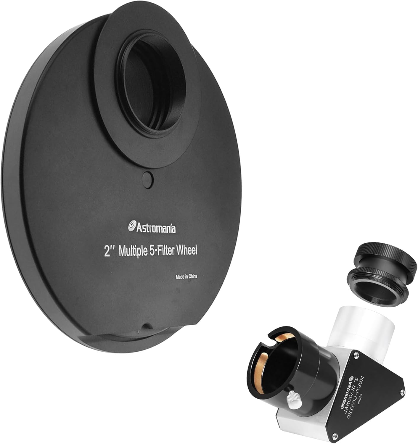 Astromania 2" SCT 90-Degree Mirror Diagonal with 93% reflectivity Across Visible Spectrum - Bundle with - 2" Multiple 5-Position Filter Wheel for Telescope