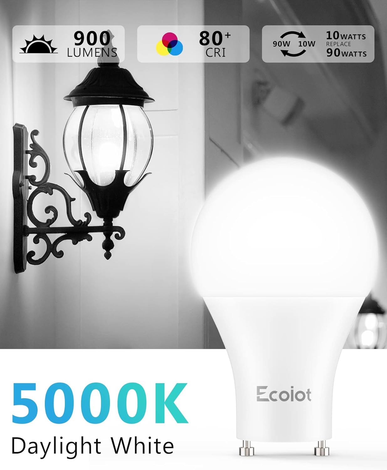 GU24 Dusk to Dawn Outdoor Light Bulbs,Light Sensor A19 LED Bulbs,Photocell Sensor, Automatic On/Off for Indoor/Outdoor Security Lighting,10-Watt(90-Watt Equivalent),5000K Daylight, 4 Pack