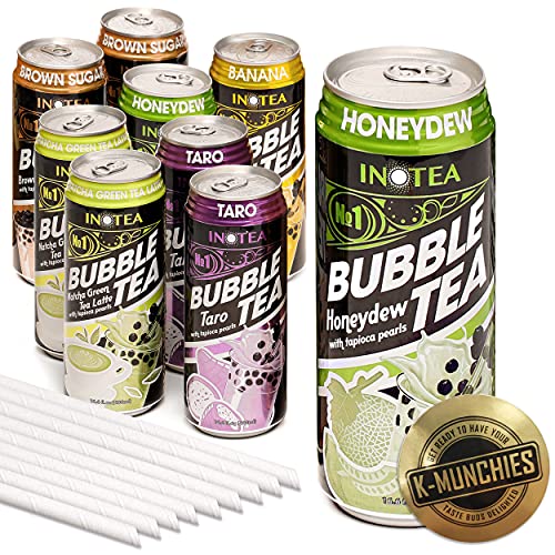 K-Munchies Inotea Bubble Tea in a Can - 9 Pack Tall Canned Boba Milk Tea - 16.6 Oz Instant Boba Drink - Honeydew Melon, Brown Sugar, Matcha Latte, Banana, and Taro Flavors - Includes Boba Straw