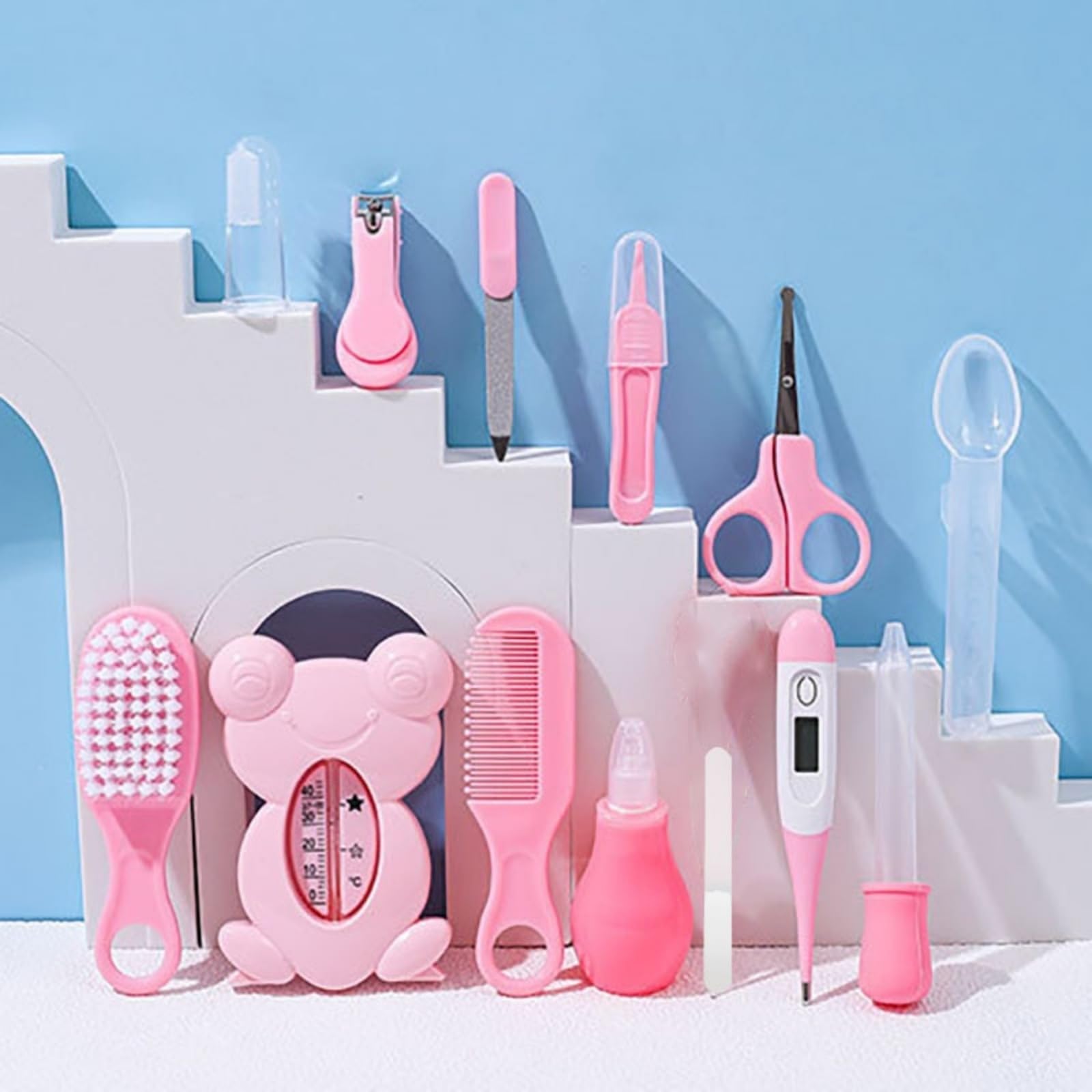 Trousse de Soin Bébé Naissance 13 en 1 – Trousse de Toilette Bébé avec Brosse, Peigne, Coupe-Ongles, Ciseaux, Thermomètre Digital, etc.– Kit Complet pour Nouveau-Né Fille Garçon (rose)