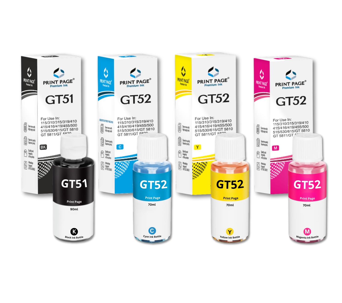 Print Page GT51/GT52 Premium Refill Ink Compatible for Ink Tank 115, 310, 315, 319, 410, 415, 416, 419, 455, 500, 515, 530, 615,GT 5810/5811/5820 (4 Color Combo) (Black – 90ml, C/Y/M – 70ml Each)