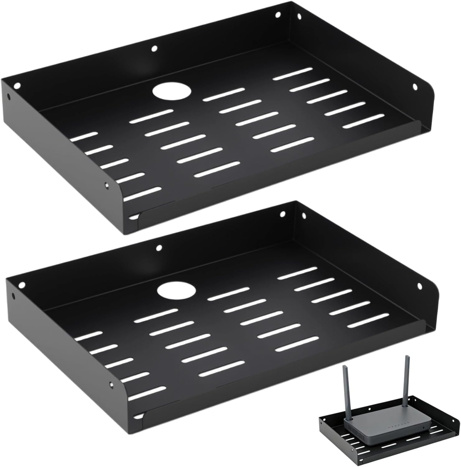 2 Pcs Metal Floating Shelves, 13 in Wall Mounted Storage Rack with Hollowed-Out Base, Modern Display Shelf with Threading Hole for TV Box, Router, Game Console