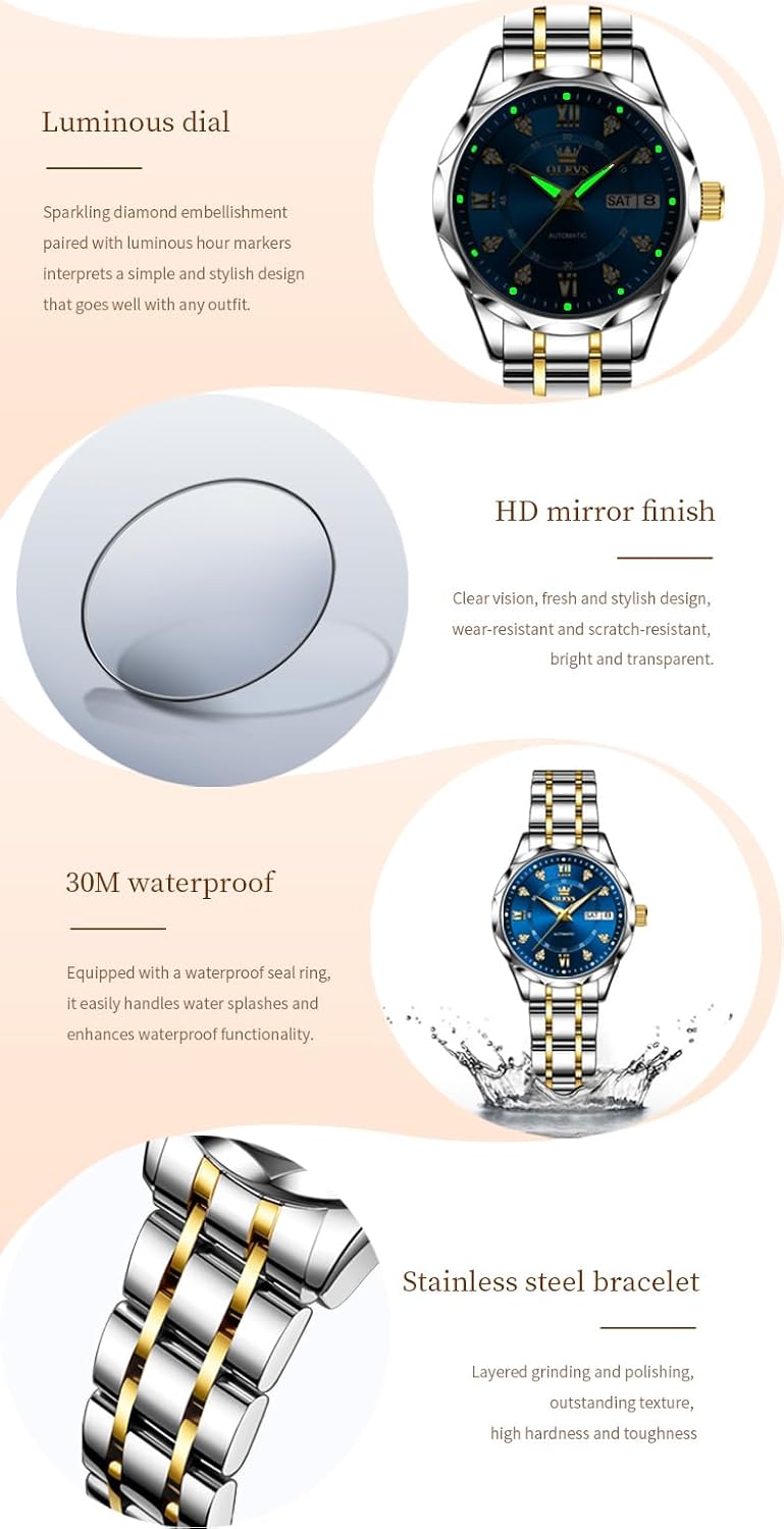 OLEVS Womens Watches Casual Modern Diamond Automatic Mechanical Ladies Self Winding Dress Two Tone Wrist Watch Date Day - Image 5