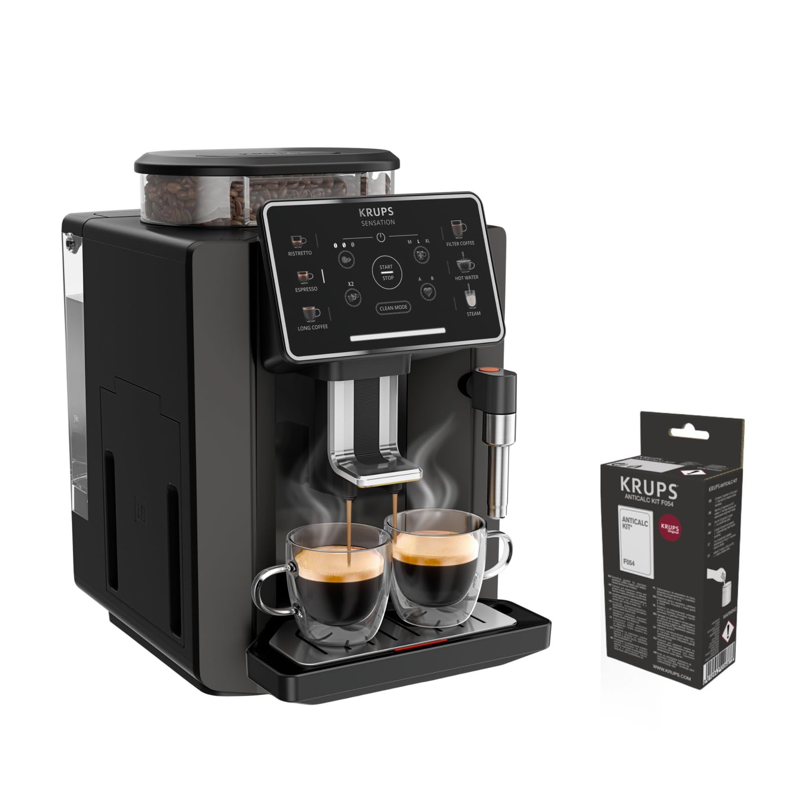 Krups Sensation,Cafetera Superautomática, Potencia 1450W,5 bebidas, fácil mantenimiento, ajustes personalizados,panel táctil,espumador de leche, negro,1-2 tazas, incluye kit descalcificador,EA9109OM