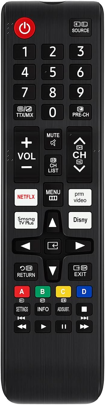 Фронт view of the Allimity remote control, showing all buttons and their labels.