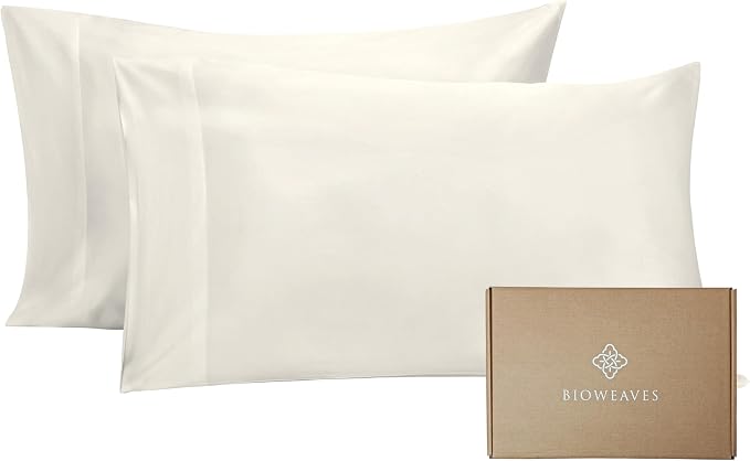 Bioweaves 100% Organic Cotton Pillow Cases 300 Thread Count Soft Sateen Weave GOTS Certified – Standard/Queen Size, Set of 2, Natural