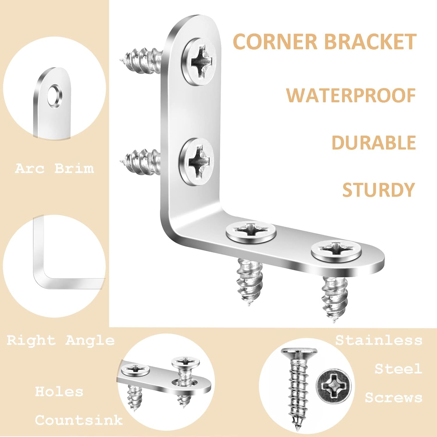 16pcs L Brackets 90 Degree Shelf Bracket Right Angle Corner Braces Stainless Steel Furniture Anchors Waterproof Mounting Fasteners with 64pcs Screws for Wood Connections and DIY Supports