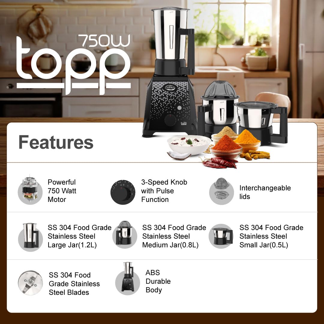 UltraTopp Mixer Grinder - 3 Jars, 750W, Stainless Steel -7