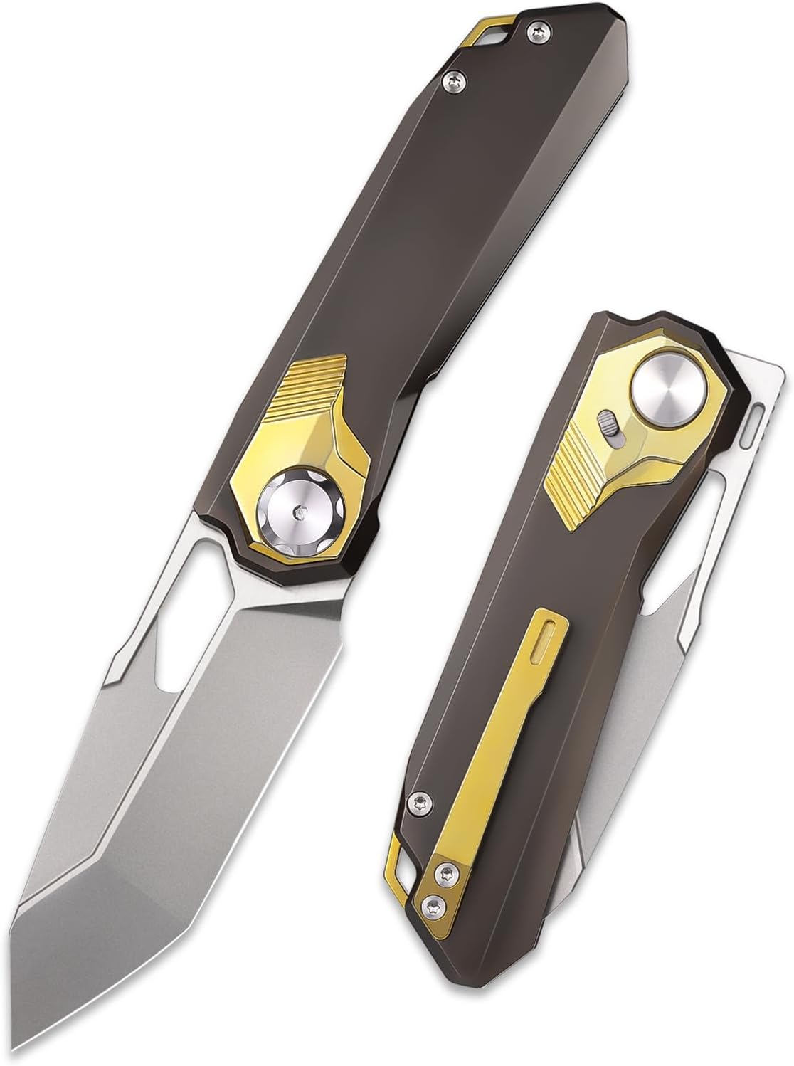 REMETTE Pocket Folding Knife Manual Grinding Pearlescent/Satin M390 Blade Titanium Handle Camping Knives RT-Peregrine Falcon RTT1-Brown