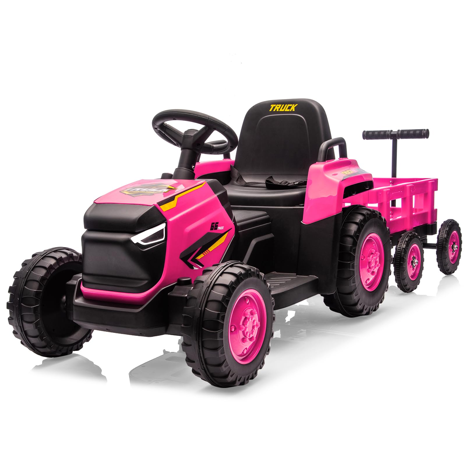 Tractor Eléctrico para Niños con Remolque Desmontable Doble Motor, 12V Coche Electrico con Control Músic, Control Remoto 2,4G, 3 Velocidades,Luces LED, Bocina para Niños 3+ Años