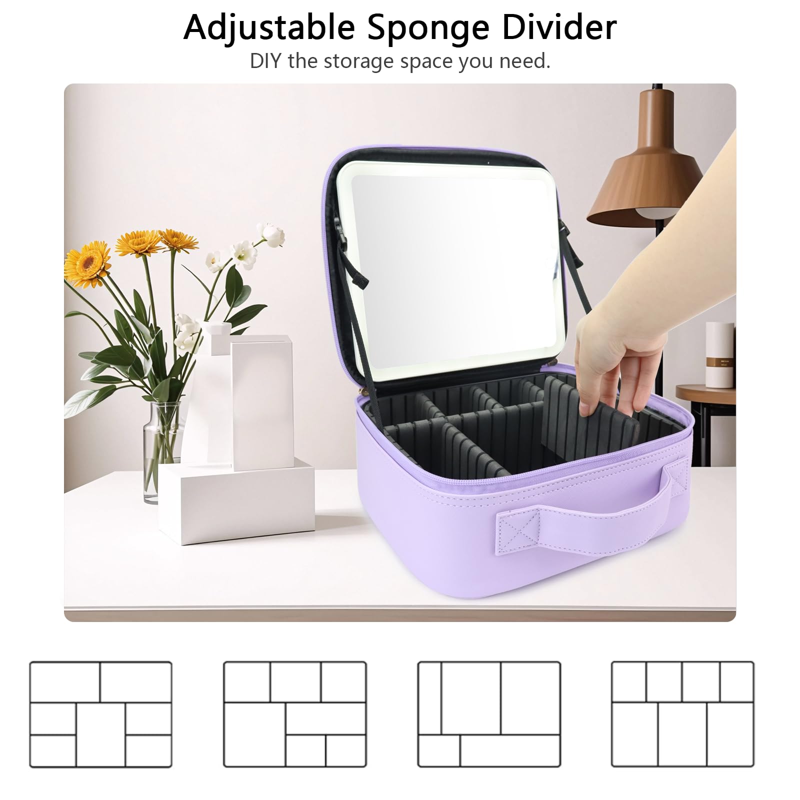 Make-up-Tasche mit LED-Spiegel, Reise-Make-up-Organizer mit 3 beleuchteten Einstellungen, verstellbaren Trennwänden und Make-up-Pinsel-Aufbewahrung, 6-Purple