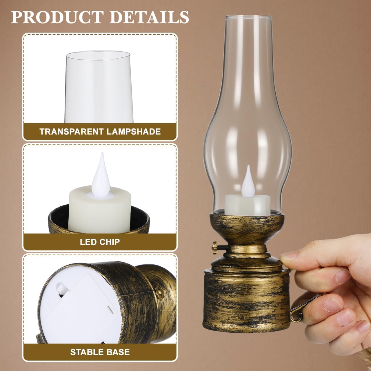 Zerodeko 2Pcs Kerosene Lamp Vintage Flameless Table Lamp, Led Kerosene Lantern Clear Hurricane Lamp Battery Operated Nightstand for Bedroom Living Room (Bronze)