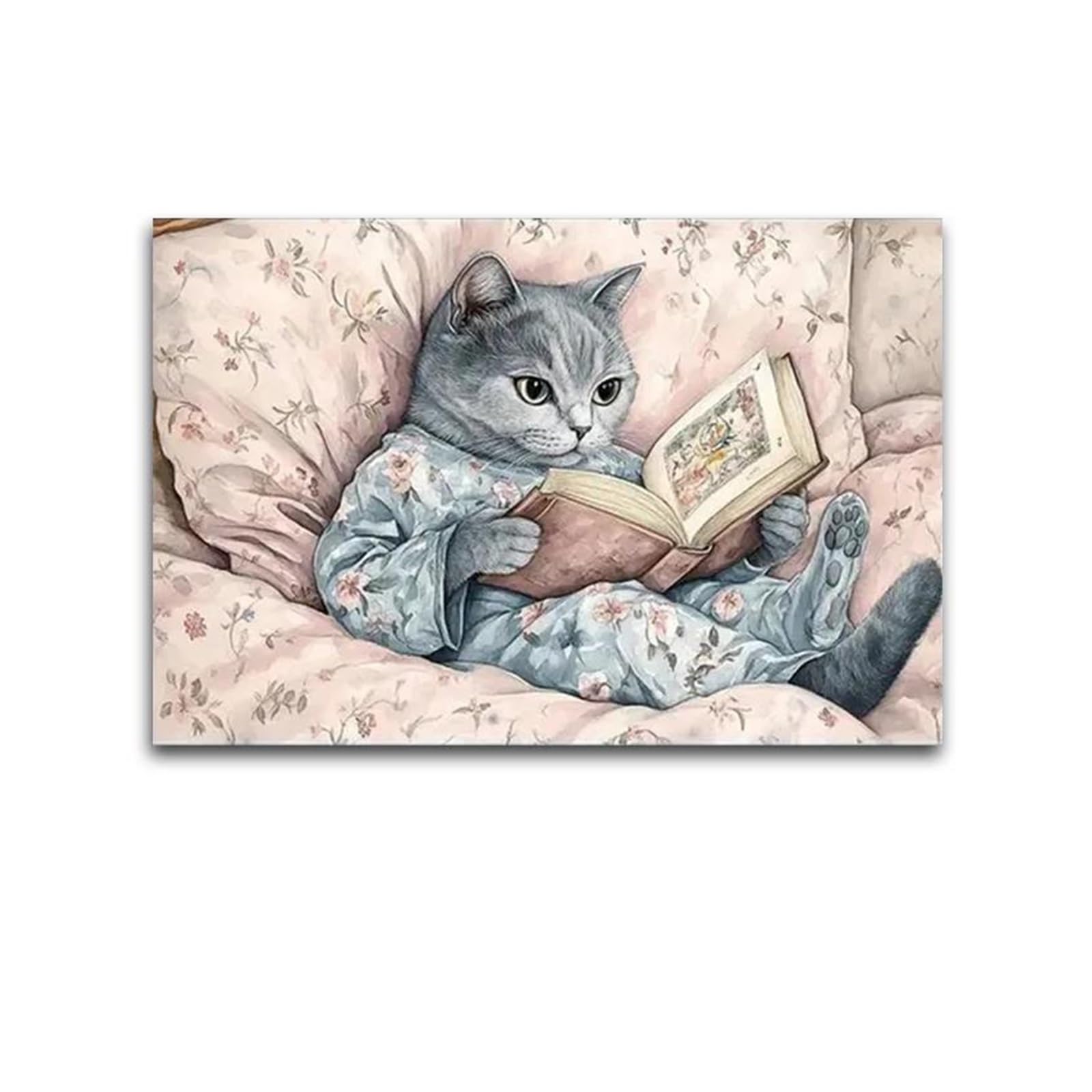 BYAMBD Aesthetic Pictures Comfortable Blue Floral Clothing Cats Canvas Picture No Frame Fun Cat Reading Book Printing Poster For Home Decoration(30x40cm)
