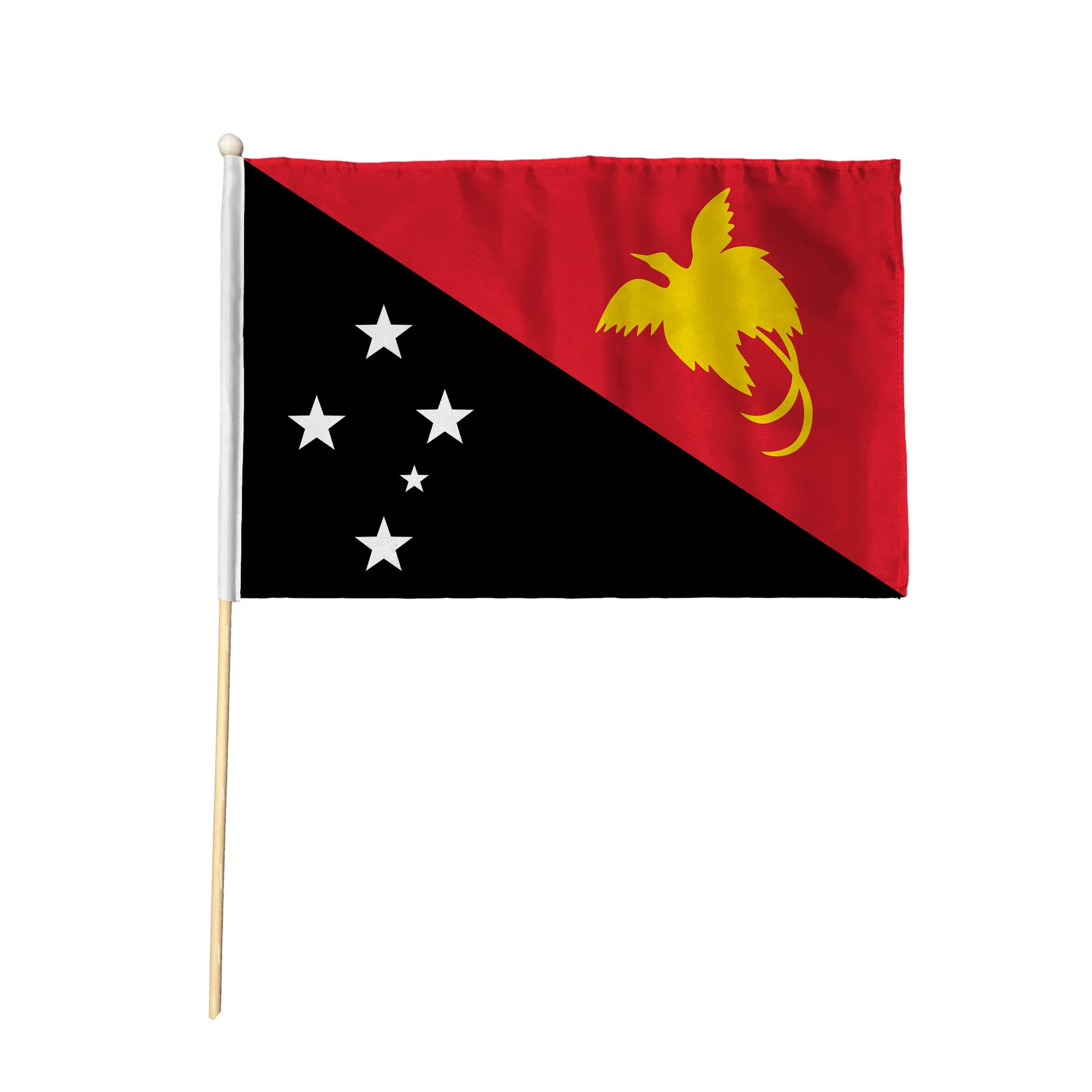 Flagtex Papua New Guinea Pack of 12 Hand Waving Flag (9x6 Inch) - Premium Wooden Stick Hand Flag 9x6 Inch Natural Wood Pole Red Black Yellow Bird of Paradise Southern Cross Flag Events