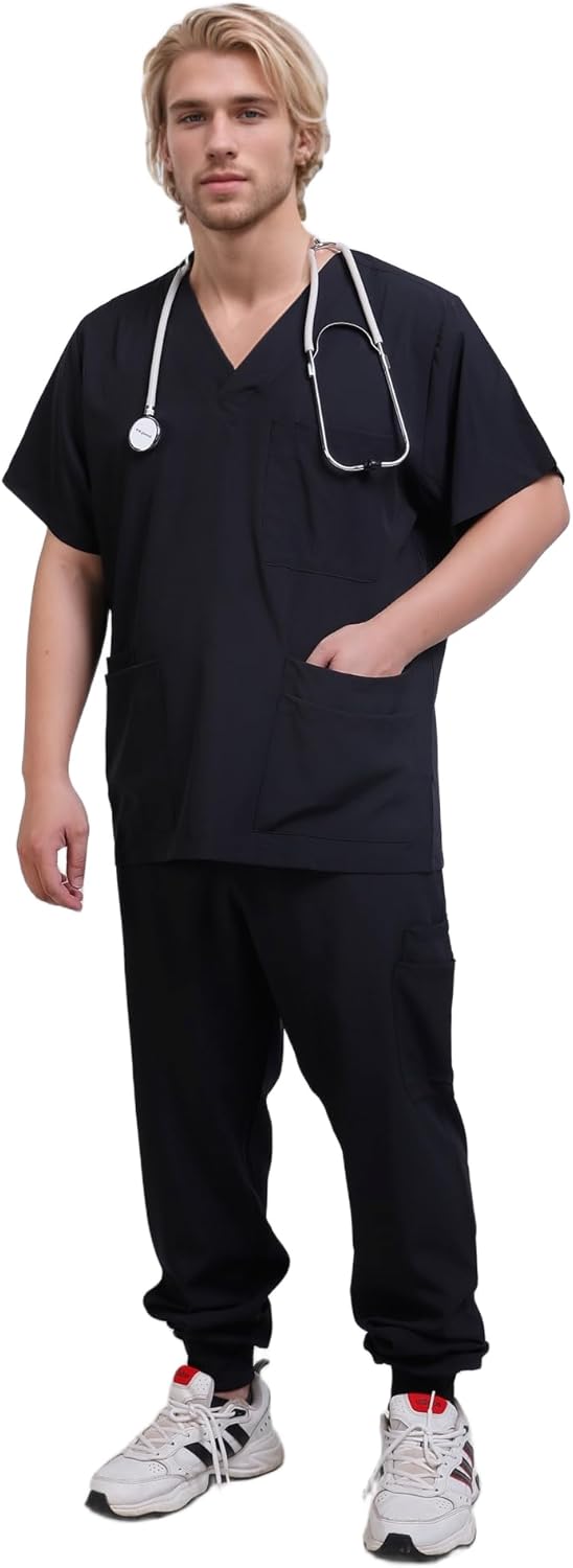 Yoweenton Scrubs Medical Uniform Man Scrubs Set Medical Scrubs Top and Pants,5-Pocket Top and 5 Pocket Pants