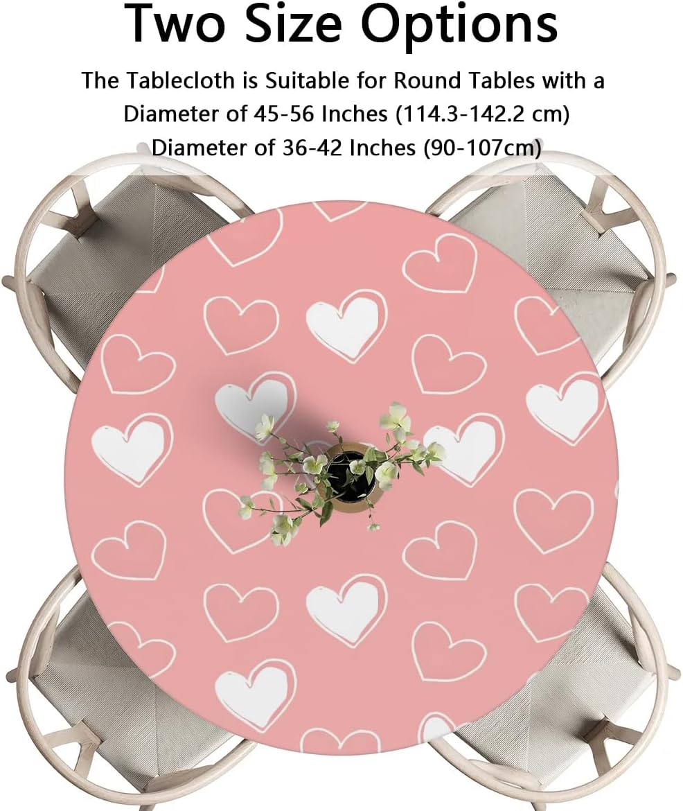 Round Tablecloth Valentine's Day Cute Heart Love 45"-50" Fitted Elastic Table Cloth for Round Tables Waterproof Wipeable Table Covers Protector for Kitchen Dining Party,JR12-03