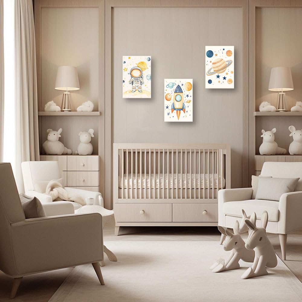 CCWACPP 3 paneles de decoración de pared de astronauta, lienzo de astronauta, impresión de planeta, cohete, obra de arte de astronauta, habitación de niños y niñas, decoración enmarcada (28 x 35 cm)