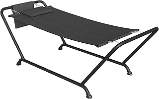 Outsunny Hängematte mit Gestell 237 x 90 cm Stabhängematte mit Seitentasche, Kopfstütze Metallrahmen bis 150 kg Hängematte für Indoor & Outdoor Garten Balkon Terrasse Dunkelgrau