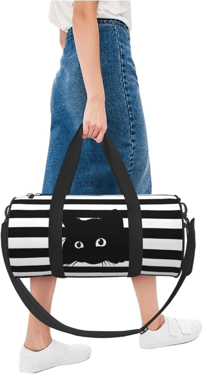 Cute Cat On Black And White Striped Background Sports Gym Bag Travel Duffel Bag Shoes Compartment For Men Women Foldable Lightweight Yoga Gym Sports Bag - Image 6