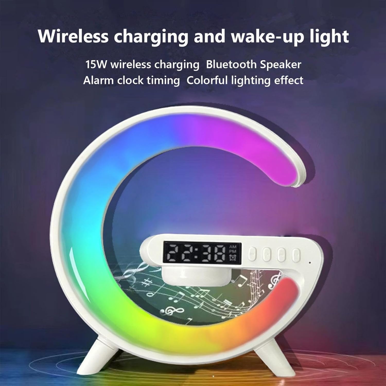 Chargeur sans fil Lampe Haut-parleur Bluetooth Horloge Musique Réveil Bouton et Contrôle APP 7 Modes de Couleur de Lumière Réveil pour Chambre à Coucher, Salon, Maison et Bureau Réveil avec Chargeur