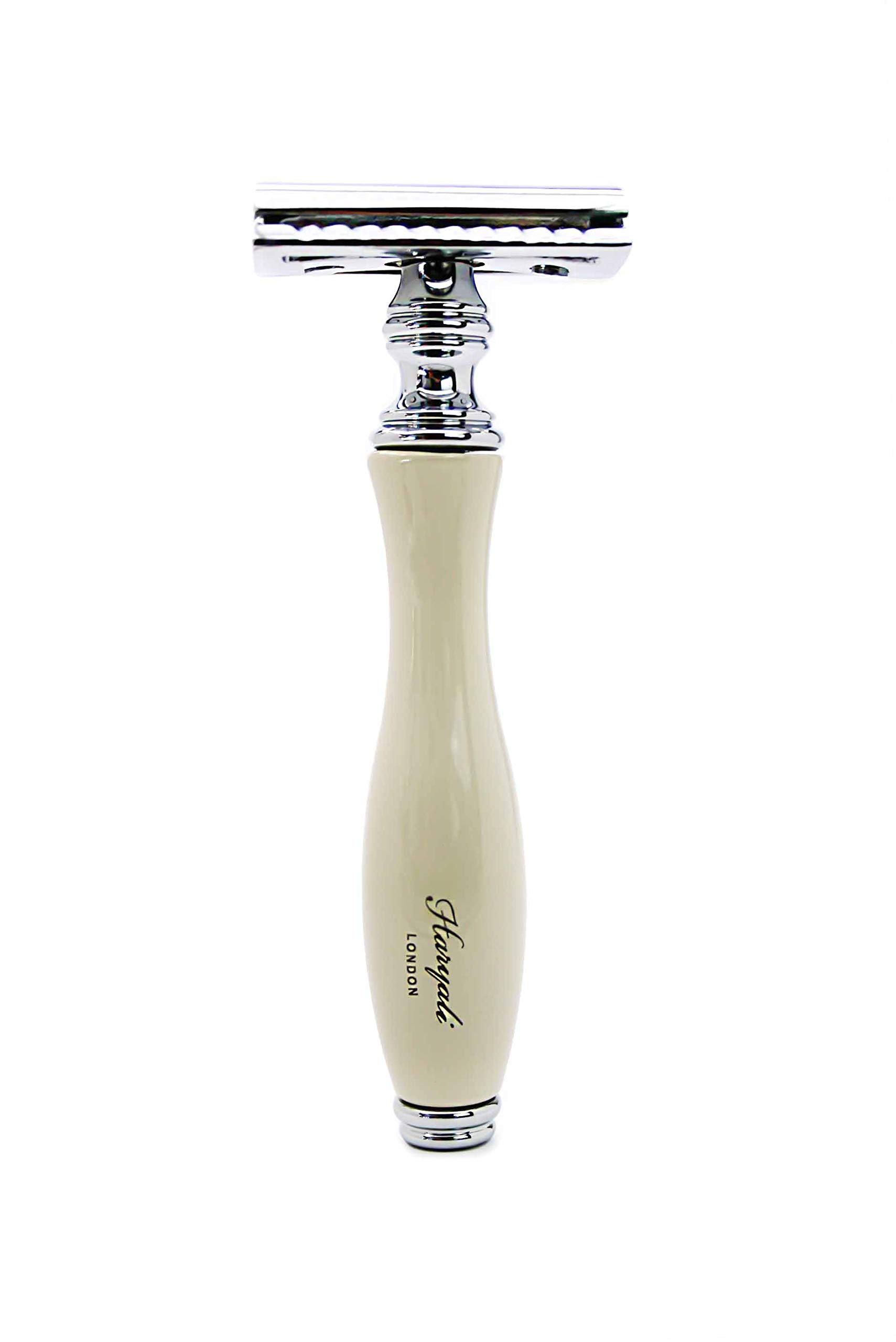 Set di rasatura da uomo con spazzola in pizzo argentato e rasoio a doppio bordo, rasoio, ciotola in acciaio inox e sapone Haryali London Premium