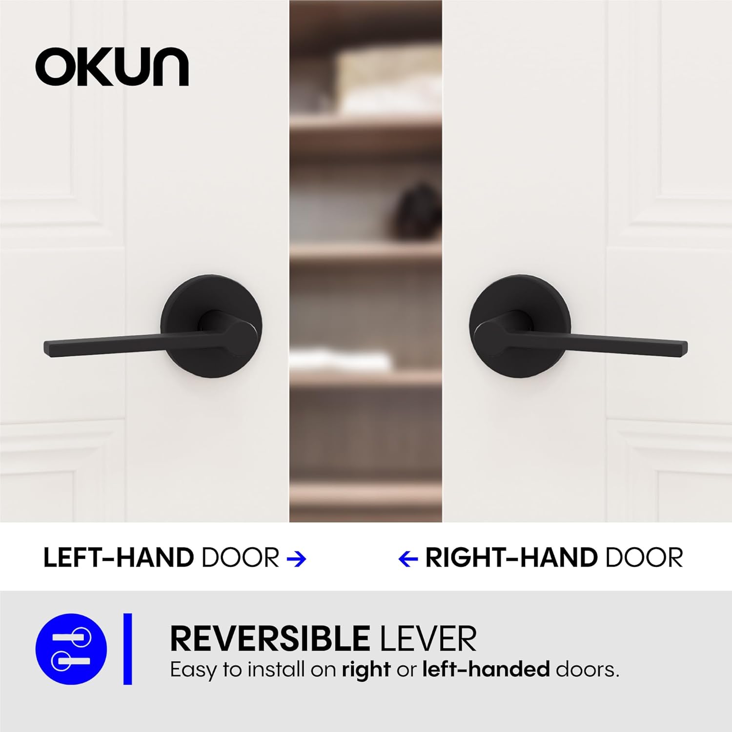 Okun Muse Passage Door Handle, Matte Black Door Lever 2-Pack – Non-Locking Reversible Interior Door Handles for Hallways & Closets, Sleek Concealed-Mount Modern Design