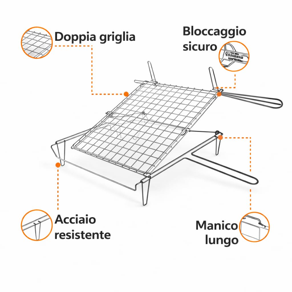 Generico Graticola Ribaltabile per Barbecue 30x30 / 30x40 cm – Griglia BBQ per Bistecche e Carne, Doppia Rete Bloccaggio Sicuro, Ideale per Barbecue a Carbonella (30x40 cm)
