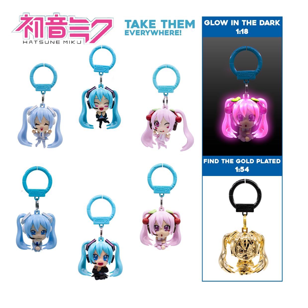 Just Toys LLC Officially Licensed Hatsune Miku Backpack Hanger Keychain – Blind Box Series 2 Collectible PVC Bag Clip, Glow-in-the-Dark & 24k Gold Variants, Random Surprise (Approx. 2.5?)
