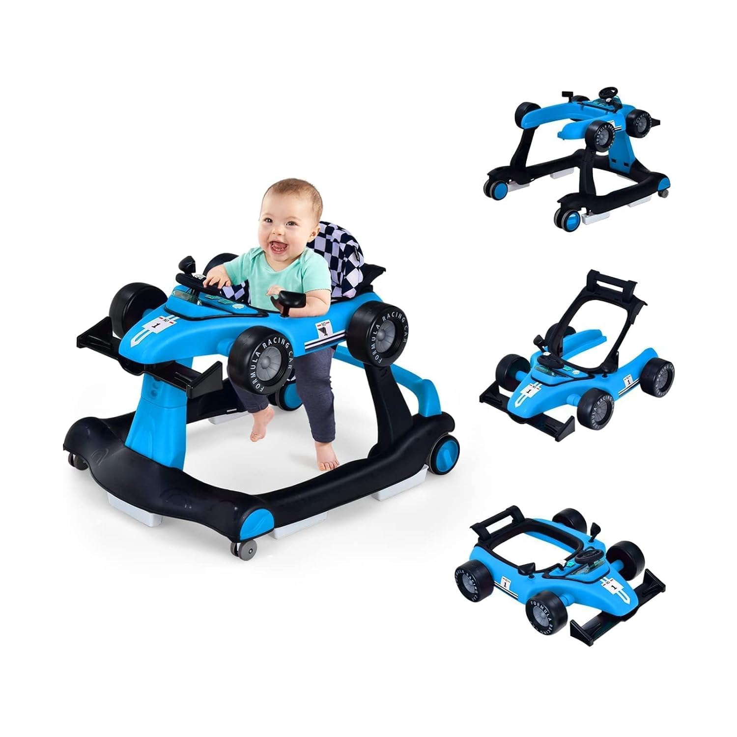 FANTASK Pomoc do nauki chodzenia 4 w 1, wózek do nauki chodzenia, składany, z regulowaną wysokością i prędkością, Baby Walker w kształcie samochodu, z pozytywką, światłem i kółkami (niebieski)