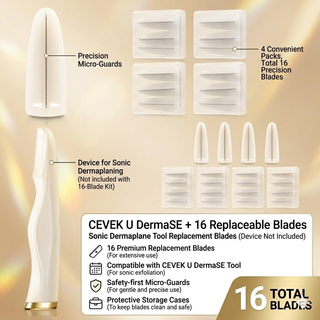 U DermaSE + 16 Replaceable Blades - Sonic Dermaplane Tool Replacement Blades (Device Not Included)