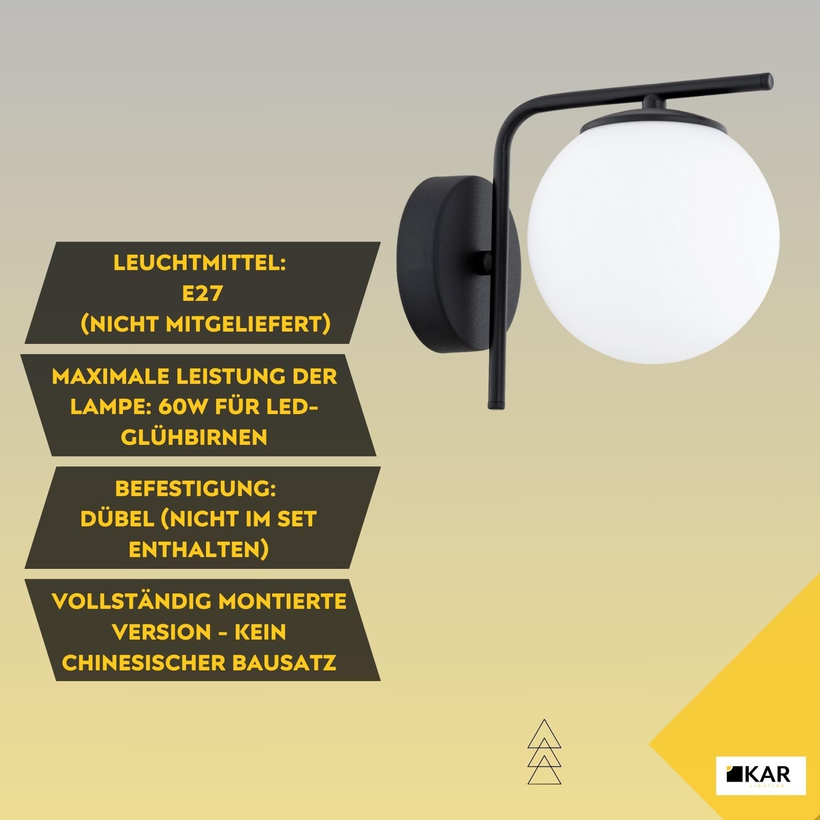 Wandleuchte 1-flammig aus Stahl & Glas | Wandlampe E27 in Schwarz für Wohn-, Ess- & Arbeitszimmer | Einfache Montage | Modern & LED-kompatibel