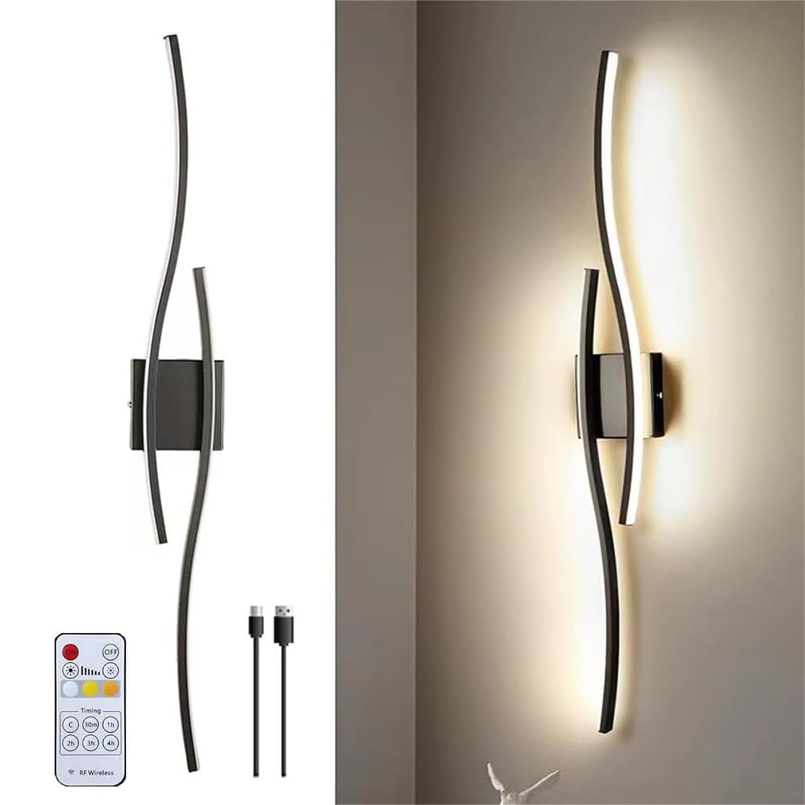 FZQSXAZU Rechargeable LED Wall Lamp with USB Dimmable Magnetic Timer Function Wireless Sconce Remote Control Bedside Lighting Black 1 Piece