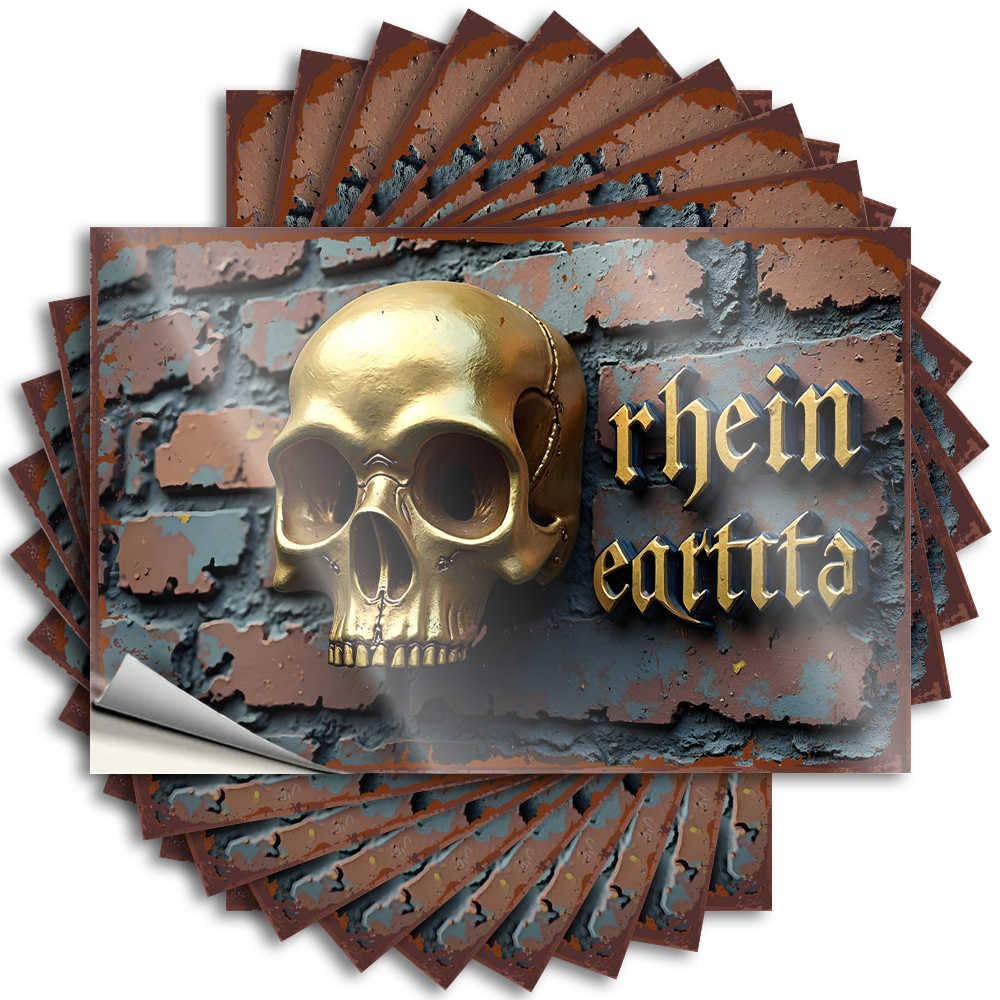Golden Skull On Weathered Brick Wall with Gothic Text Emo Room Decor Fun - Decals Case Waterproof Decal(6X9CM)